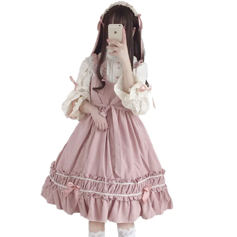 

Japanese Sweet Lolita Women Jumper Dress Young miss Students Soft sister Bow Frilled Ruffled Hem Girly Girl Cosplay Strap Dress