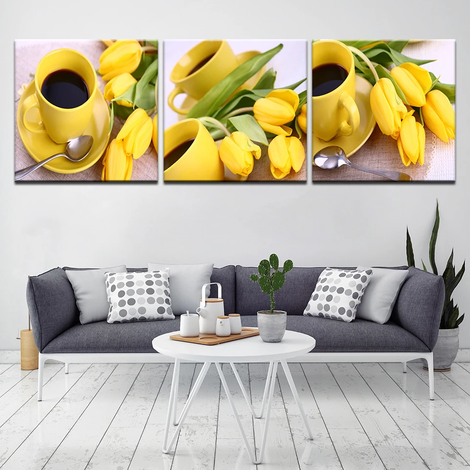

3 Panel Printe Modern Still Life Coffee Kitchen Yellow Tulip Flower Painting On Canvas Home Decor Wall Art Modular frame Picture
