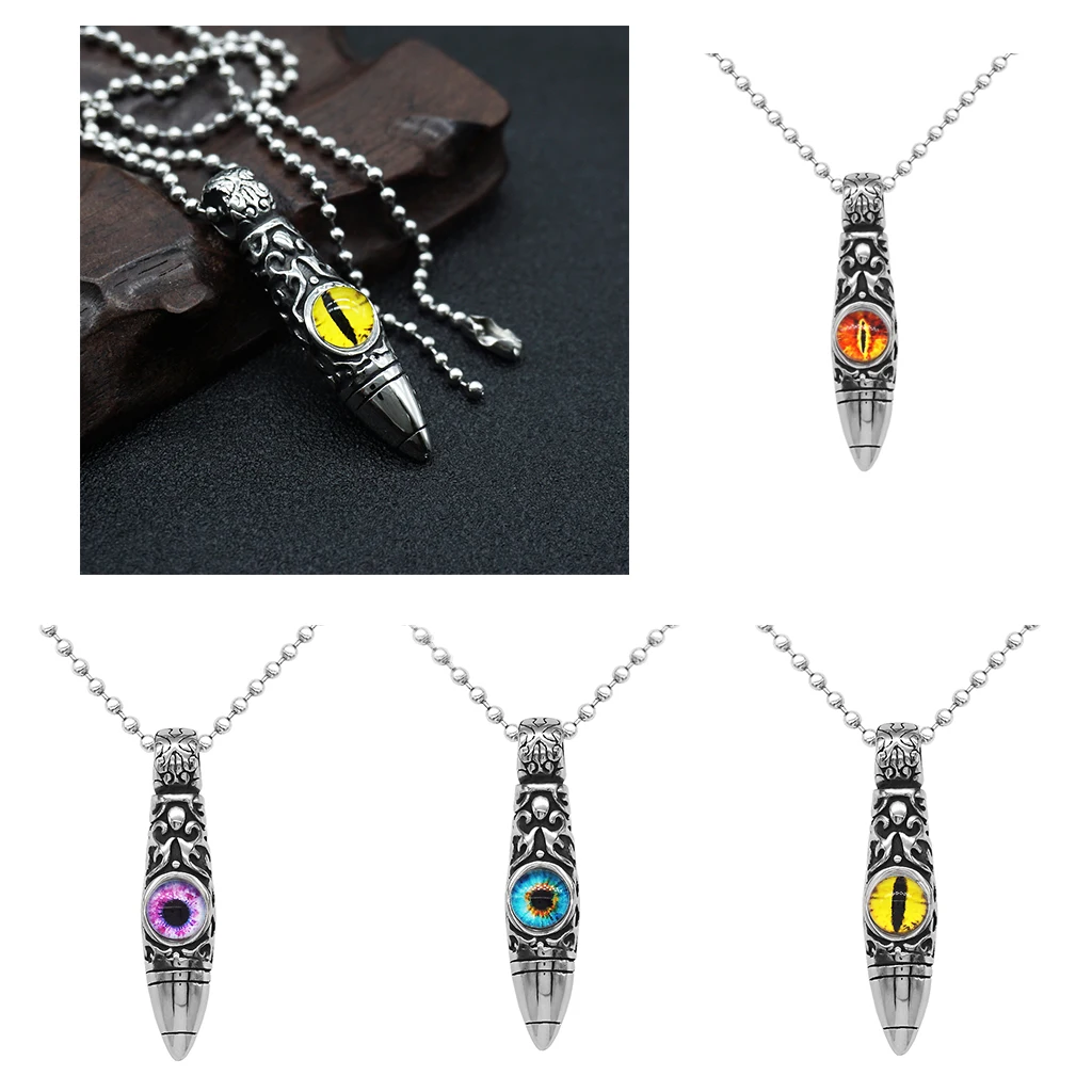 Vintage Stainless Steel Bullet Shape Evil Eye Pendant Ball Chain Necklace Fashion Punk Mens Jewelry