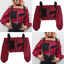 Женские бордовые Топы в стиле хип-хоп с открытыми плечами на молнии, повседневные свободные топы для вечеринок