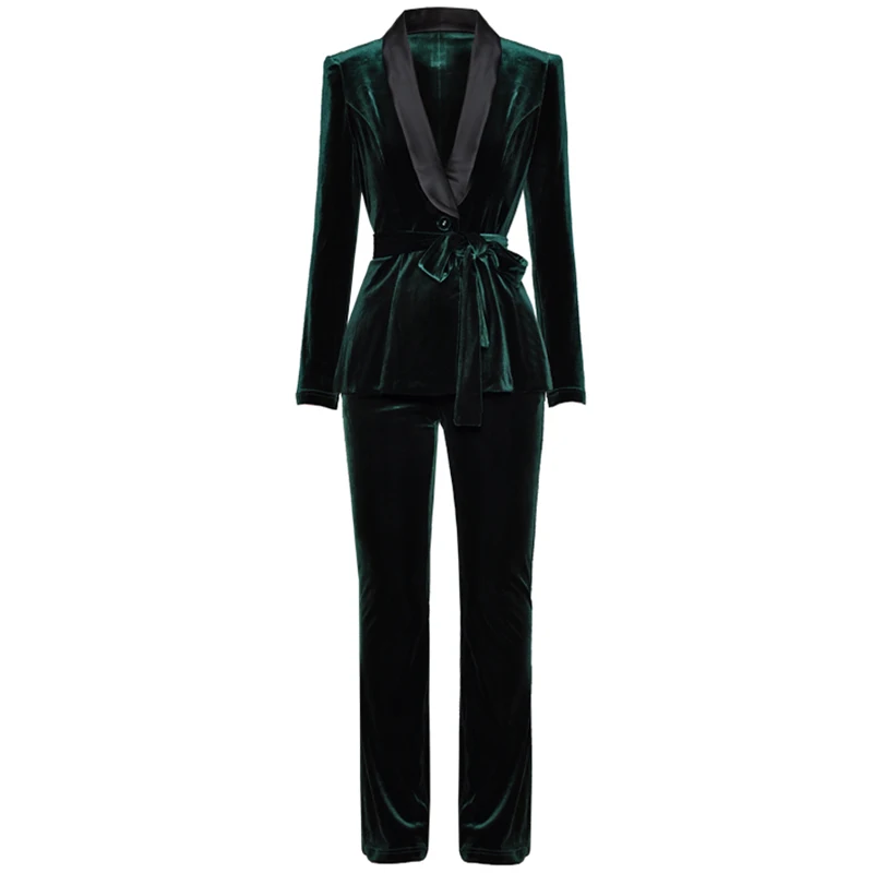 

3 Color Deep V Turn-down Collar Single Breasted Long Sleeve Blazer + Slim Waist Small Feet Pants Velvet Set 2018 New Women Suits
