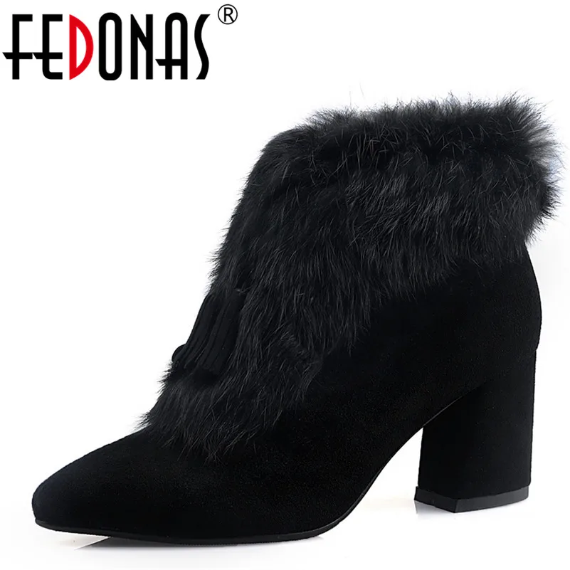

FEDONAS New Arrival Women Ankle Boots Suede Leather High heels Pointed Toe Rabbit Fur Elegant Luxury Basic Boots Party Pumps