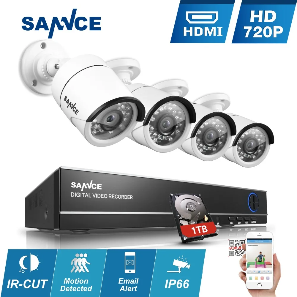  SANNCE 4CH 720P CCTV Security System 960H HD DVR 1080N NVR & 4pcs 1280* 720p white 1.0MP Cameras 4 channels Surveillance kits 