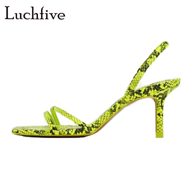 

Snake Pattern Slim Belts Sandals Woman Thin High Heels Open Toe Runaway Female Shoes Green Singbacks Slip On Sandals Feminina