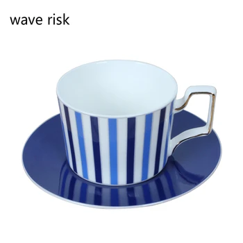 

Quality black white blue stripe coffee cup and saucer set elegant England style gole edge hand blue dish cup creative china bone