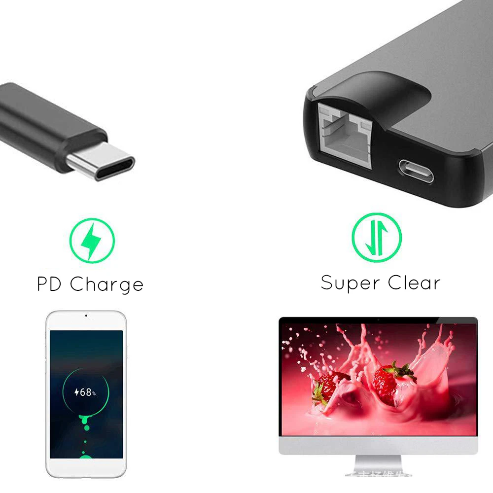 8 In 1 Type C to 2USB SD Micro SD LAN VGA HDMI USBC Adapter Hub Extend PD Charge Dock 1000 Mbps Rj4