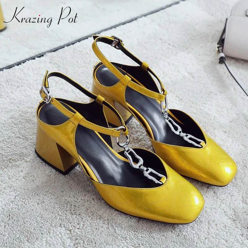 

Krazing pot 2019 cow leather square toe thick heels buckle straps metal chains princess style banquet wedding luxury pumps L97