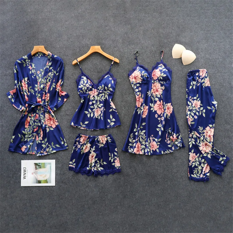 Темно-синий женский 5 шт. ремень Топ Брюки Костюм Пижама комплекты одежды для сна весна осень домашняя Ночная рубашка кимоно халат m-xxl