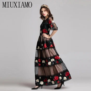 

MIUXIMAO High Quality 2019 Summer&Spring Full Dress Casual A-Line Rose Flowers Embroidery Black Casual Long Dress Women vestido