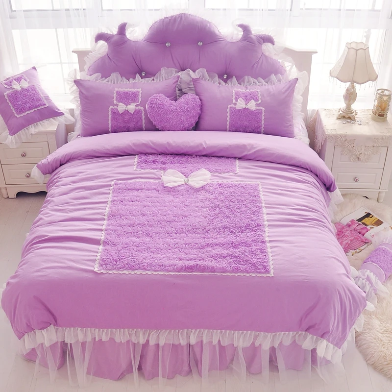 buy Romantic purple Lace Bedding Sets King Queen 4pcs Ruffles Duvet Cover Princess Bed Skirt Bedlinen Bedclothes Cotton home textile