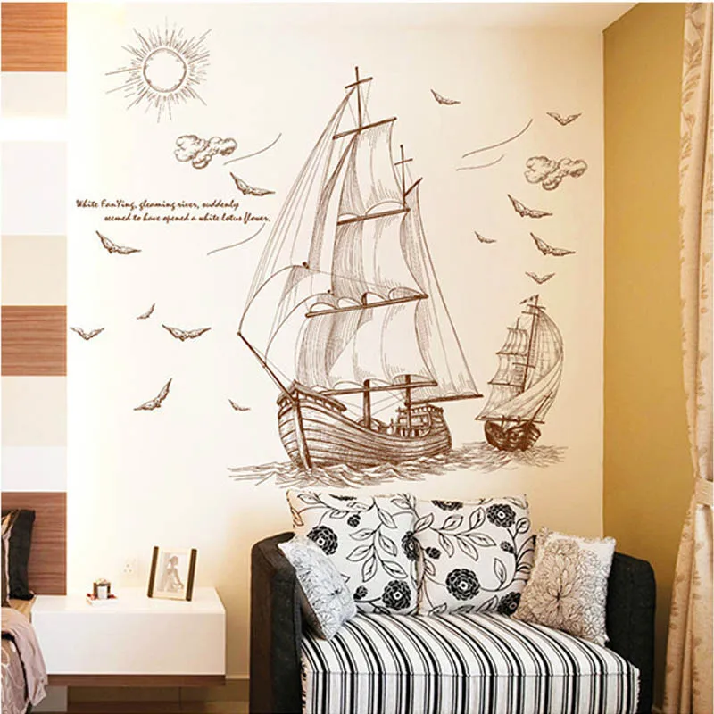 Мультфильм пиратский корабль парусный спорт наклейки на стену для детской комнаты мальчиков Съемный Винил ПВХ наклейка DIY искусство домашний декор TB