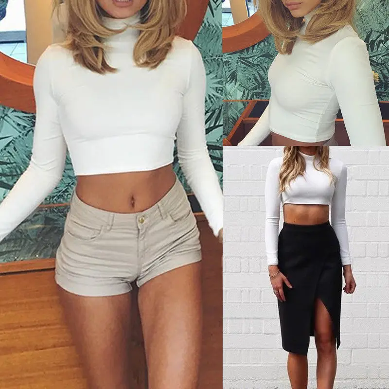 

New Style Fashion Women Ladies Longsleeve Top Spring Casual Cotton Soft Solid Color Turtleneck Crop High Low Top