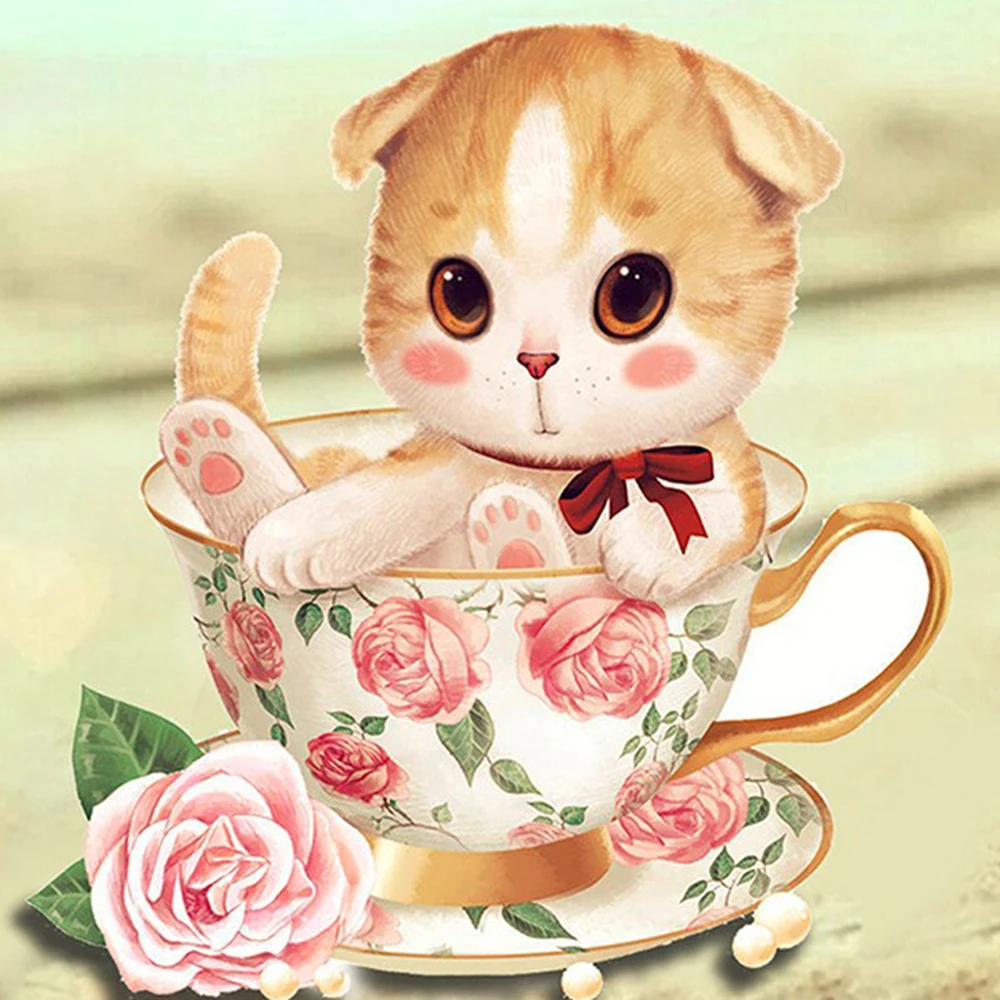 Diamond Painting Cat tea cup full drill Mosaic DIY Cross Stitch Embroidery Home Decorative Craft | Дом и сад
