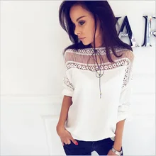 Г. Новая модная женская майка сплошной Полиэстер Slash шеи Холлоу уличная кружева сращивания с коротким рукавом Повседневный Топ Футболка белый