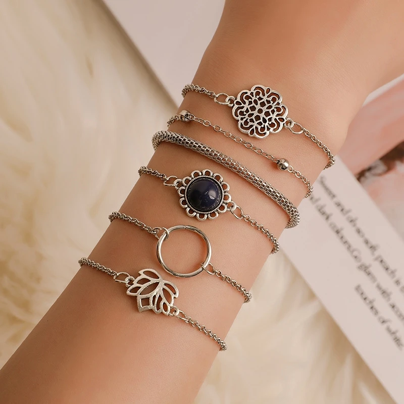 

Fashion 6pcs/set Bracelet Female Bohemian Ethnic Style Openwork Lotus Set Combination Bracelet Bracelet