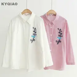 KYQIAO для женщин хлопковая рубашка blusas mujer de moda 2019 Мори обувь для девочек осень зима Японии стиль сладкий с длинным рукавом розовый белая