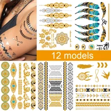 12 листов Блестящий мерцающий дизайн золотые серебряные временные тату Металлика наклейки для женщин подростков девушек случайный стиль