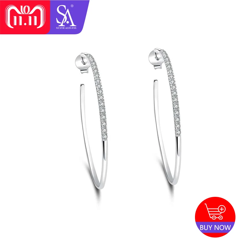 AGELESS 925 Sterling Silver Big Hoop Earrings For Women Color Simple Fashion Large Circle With Cubic Zirconia | Украшения и
