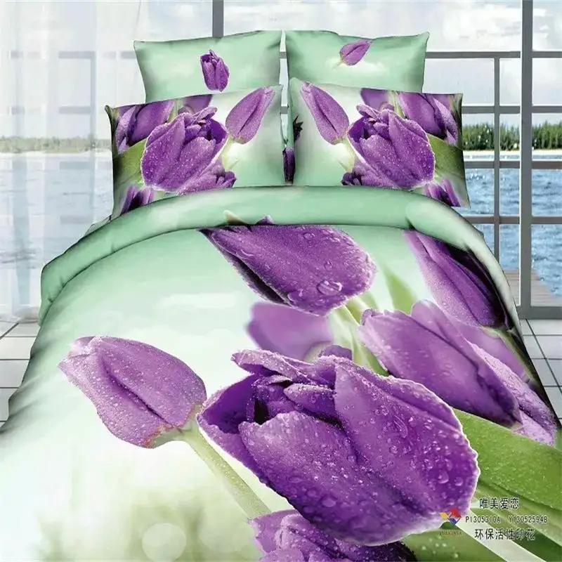 Bright Colored 3d Purple Tulip Bedding Set For Girls Cotton Bed