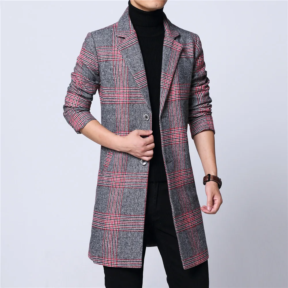 Мужское длинное пальто, зимнее шерстяное пальто Мелтон, клетчатое, красное, серое, с двумя пуговицами, с подкладкой, с длинными рукавами, с M-6XL карманом, 18NovW4, Прямая поставка