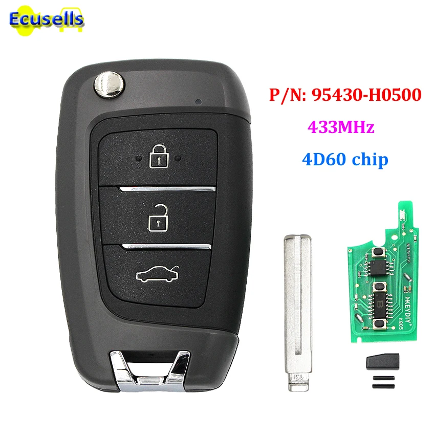 

Flip Remote Key Fob 3 buttons 433MHz 4D60 chip for Hyundai Accent 2018-2019 P/N: 95430-H0500 with uncut TOY40 blade