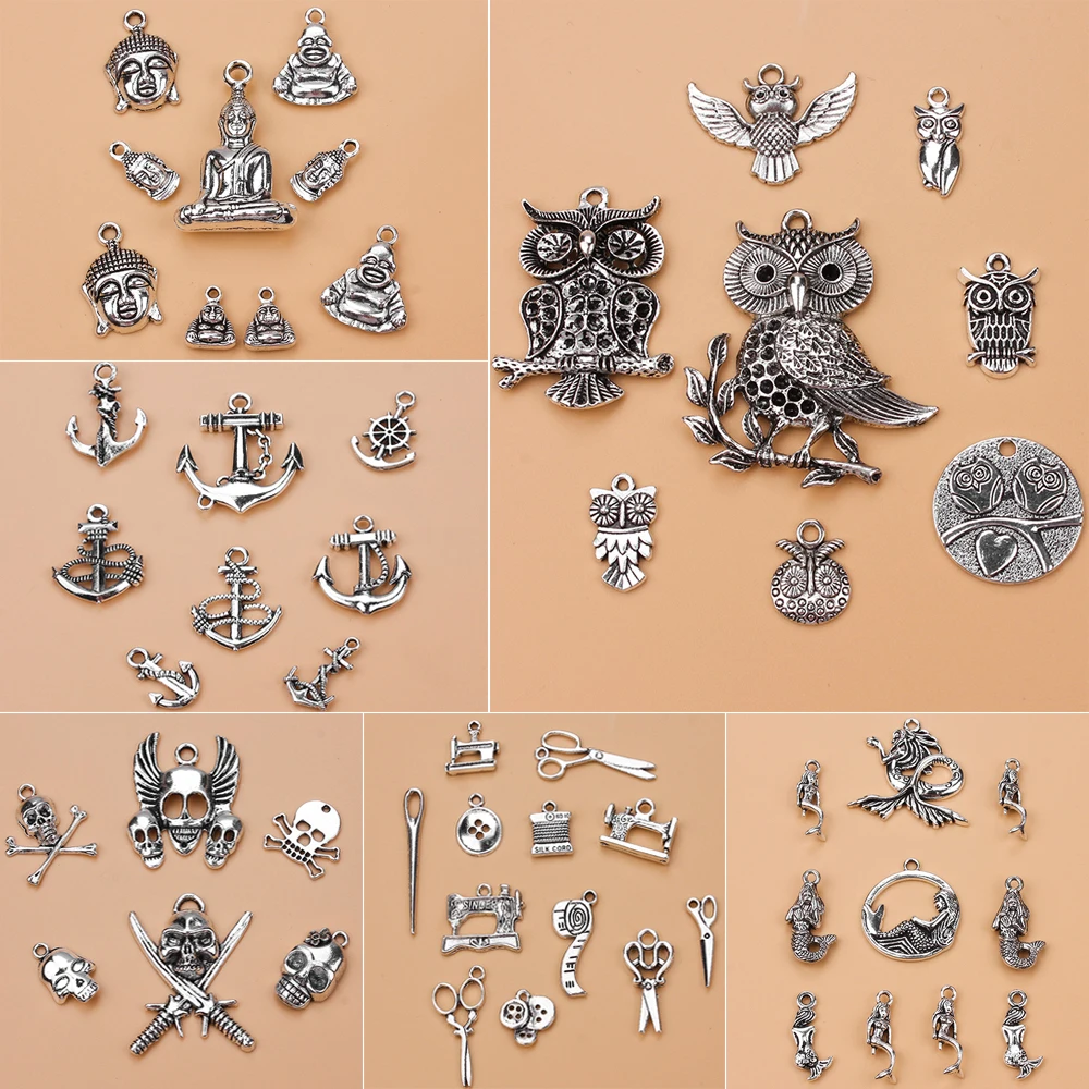 24 types Mixed Antique Silver European Bracelets Charm Pendants Jewelry
