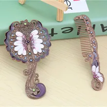 Handmade high quality rhinestone Butterfly pattern ladies makeup mirror comb set hand mirror makeup tools home office use