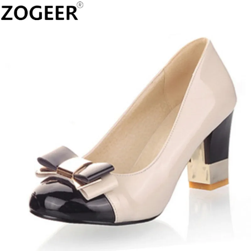 

Hot 2018 Candy Color Women Pumps Shallow Color Block Thick High Heels Shoes Bowtie Pink Wedding Working Shoes Woman Plus size