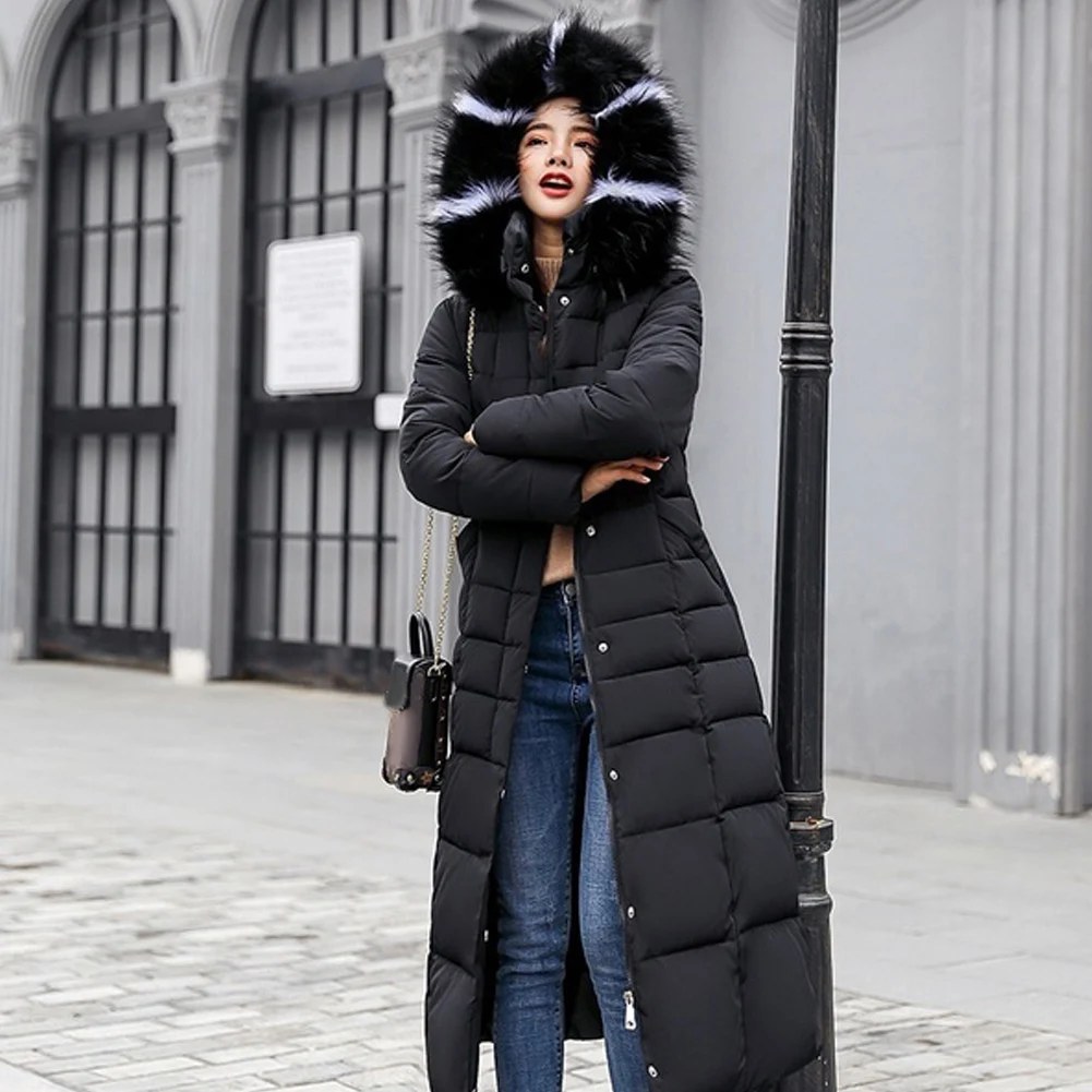 Женская утепленная куртка с длинным рукавом, теплое пуховое пальто с капюшоном, длинное зимнее повседневное пальто с хлопковой подкладкой - Цвет: Черный