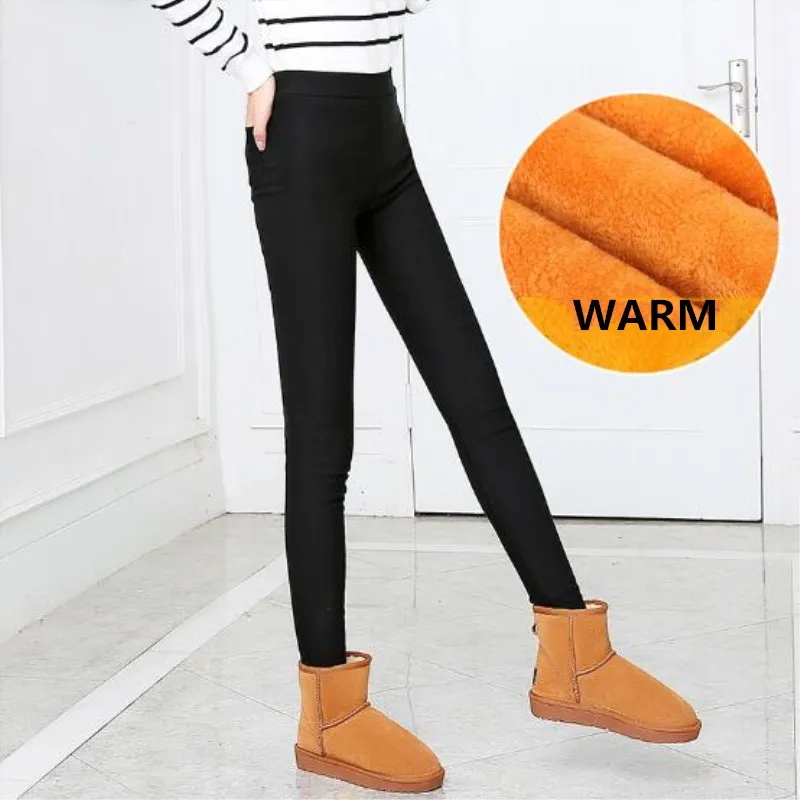 WKOUD Высокая Талия Леггинсы для Для женщин зимние теплые узкие джинсы черный утолщение карандаш брюки студенты снега повседневная одежда P8542