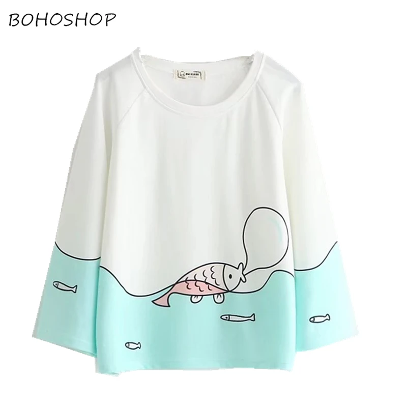 

Harajuku kawaii women cute funny fish blowing bubbles pullover hoodies o-neck cotton tops sweatshirts for female