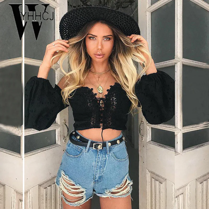 WYHHCJ 2018 sexy backless women t shirt lantern long sleeve crop top summer tshirt bodycon patchwork hollow out lace up t-shirt