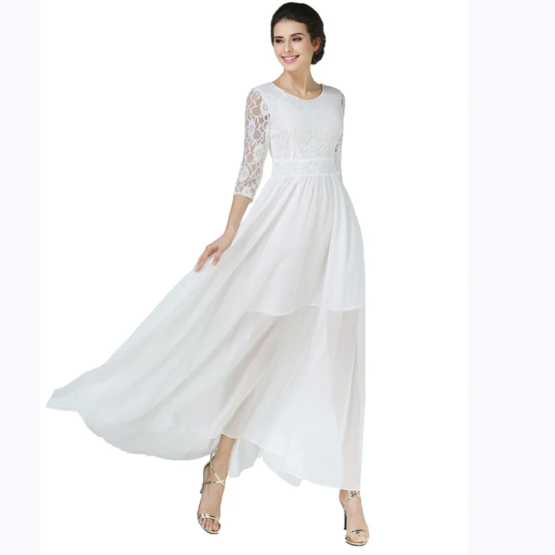 White Pure Color Woman Elegant Holiday Dress 3/4 Sleeve High Waist The ...