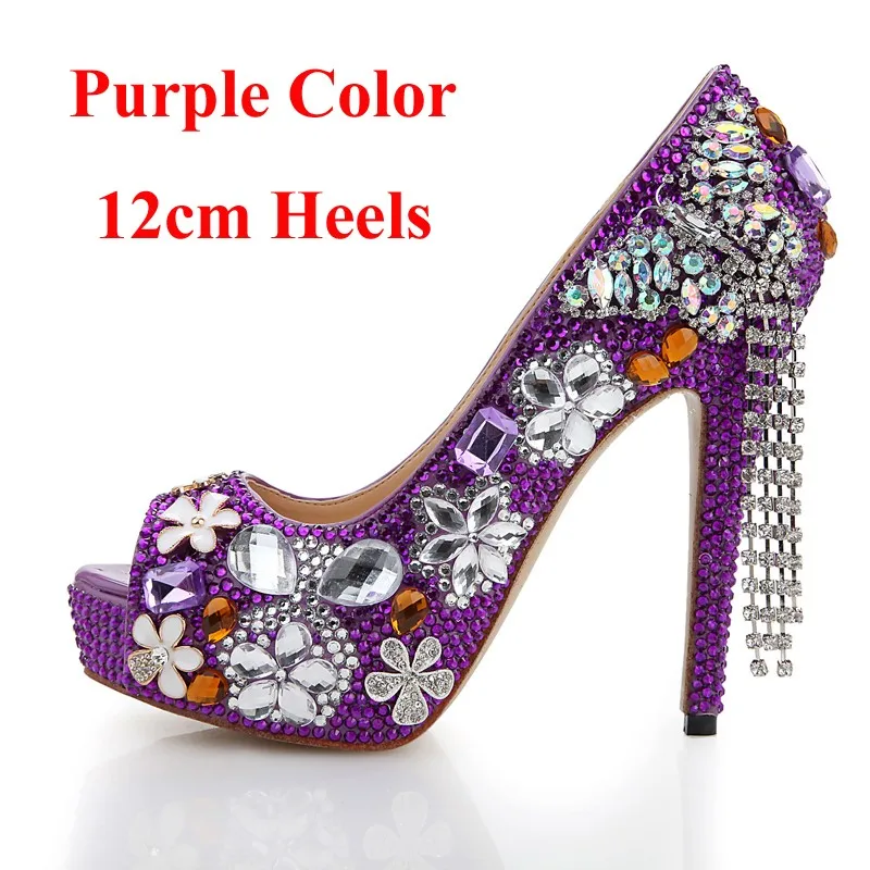 Свадебные туфли с фиолетовыми стразами г. обувь ручной работы с бабочками и кисточками для невесты вечерние туфли-лодочки на высоком каблуке и платформе с открытым носом