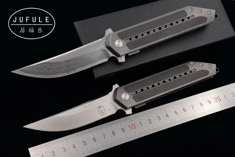 Jufule Folding Knife S35vn Damascus Blade Titanium Carbon Fiber