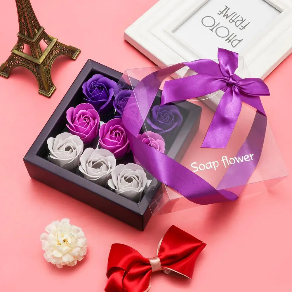 

9 PCS Set Handmade Flower Soap Gift 14*14*4.5cm Red Pink White Violet Soap Roses With Box Skin Whitening Shampoo Soap Flower