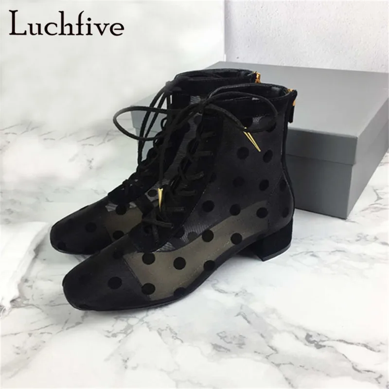 

Fashion genuine leather women booties breathable air mesh lace up ladies shoes square toe back zipper chunky heels ankle boots