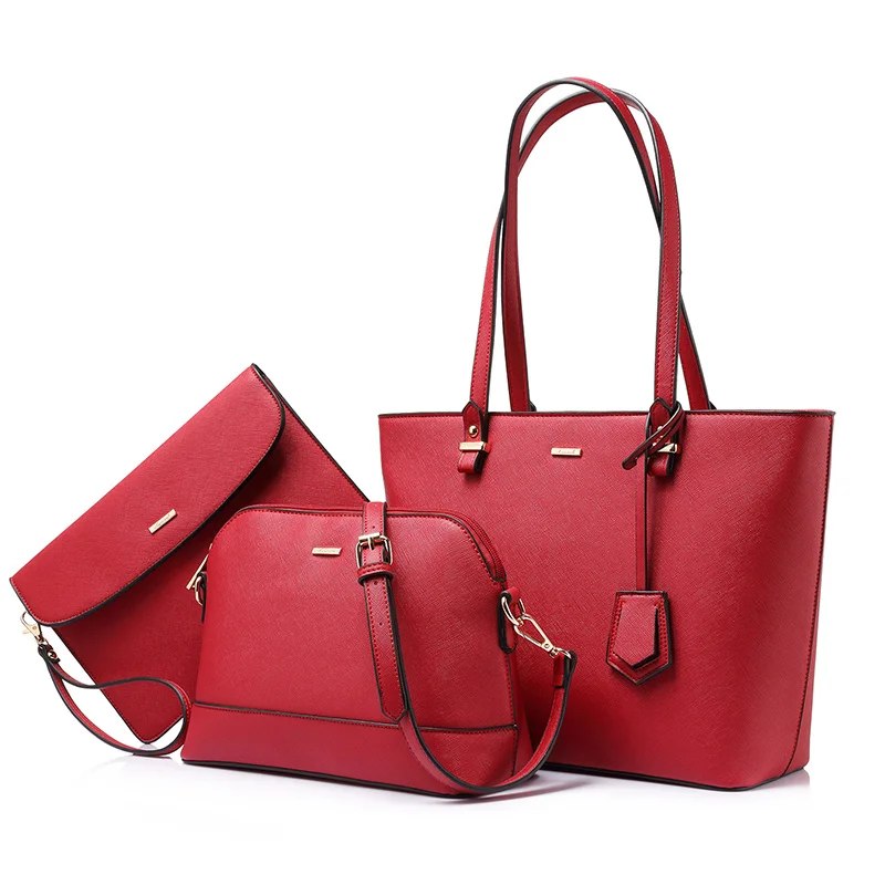 Женский набор сумок 3 шт LOVEVOOK, большая повседневная сумка на плечо, маленькая сумочка через плечо для девочек и дамы, длинный клатч с коротким ремешком для телофона, из искусственной кожи, для всех сезонов - Цвет: red