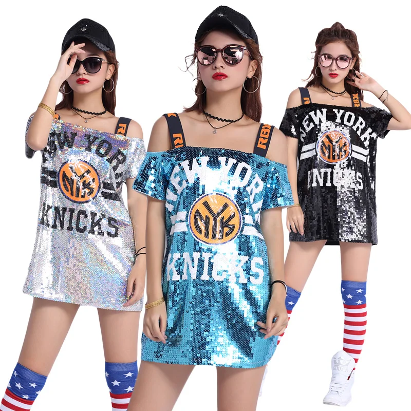 

Women Punk Style Tops Sexy Short Shoulder Glitter T Shirts Slash Neck Autumn Loose Shirt Long