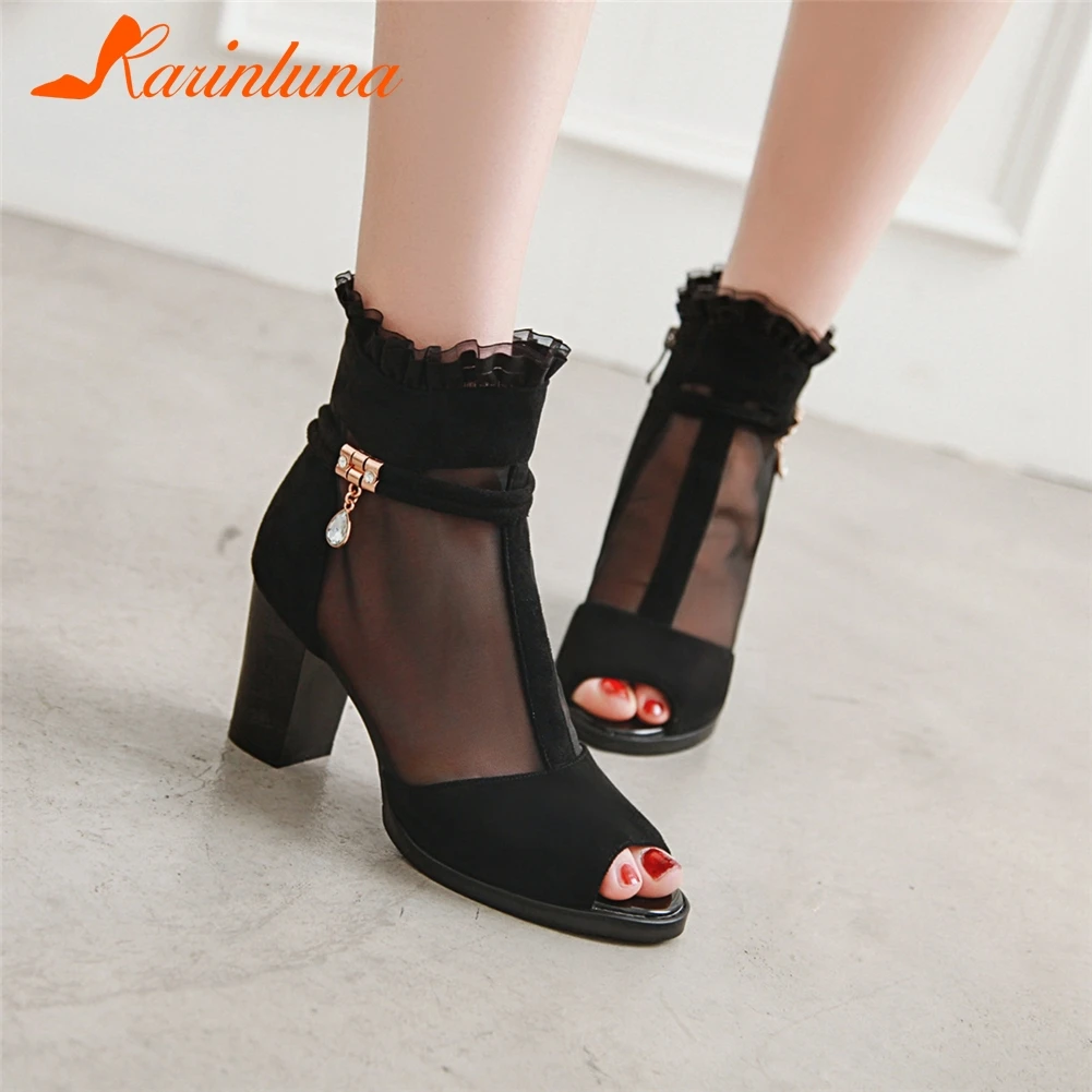 

KARINLUNA 2019 New Fashion Peep Toe Summer Boots Woman Shoes Zipper Thick Heels Metal Decoration Shoes Woman Boots