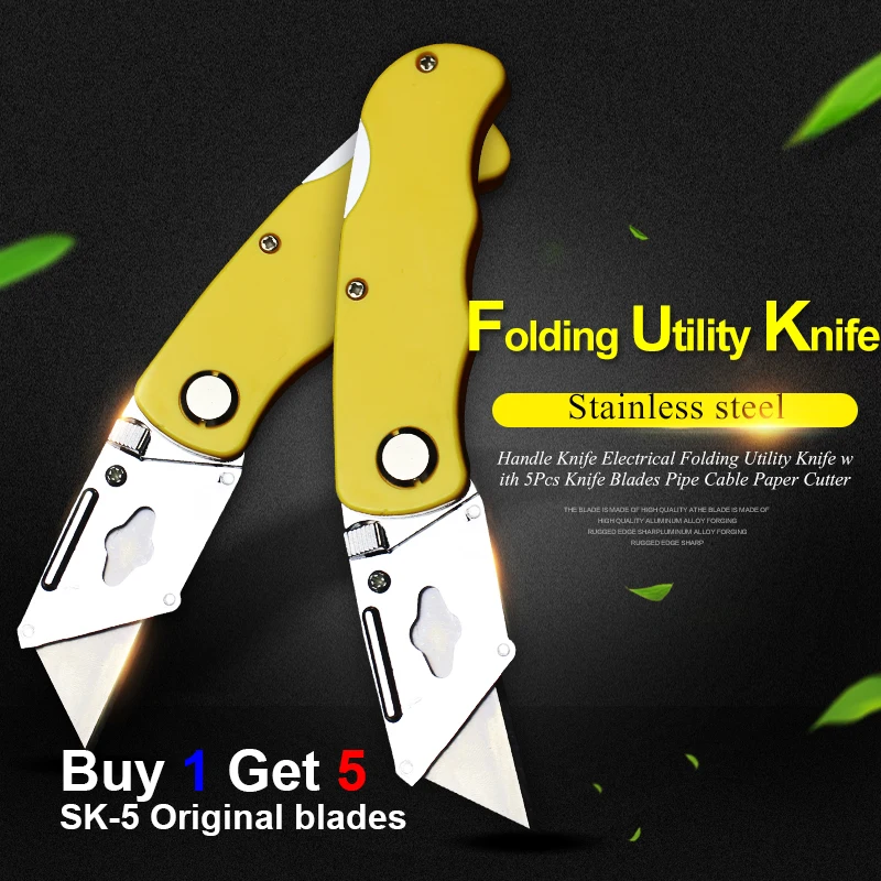 

Buy 1 Get 5 Handle Knife Electrical Folding Utility Knife with 5 Knifes Blades Pipe Cable Paper Cutter Multi Pocket Camping Tool