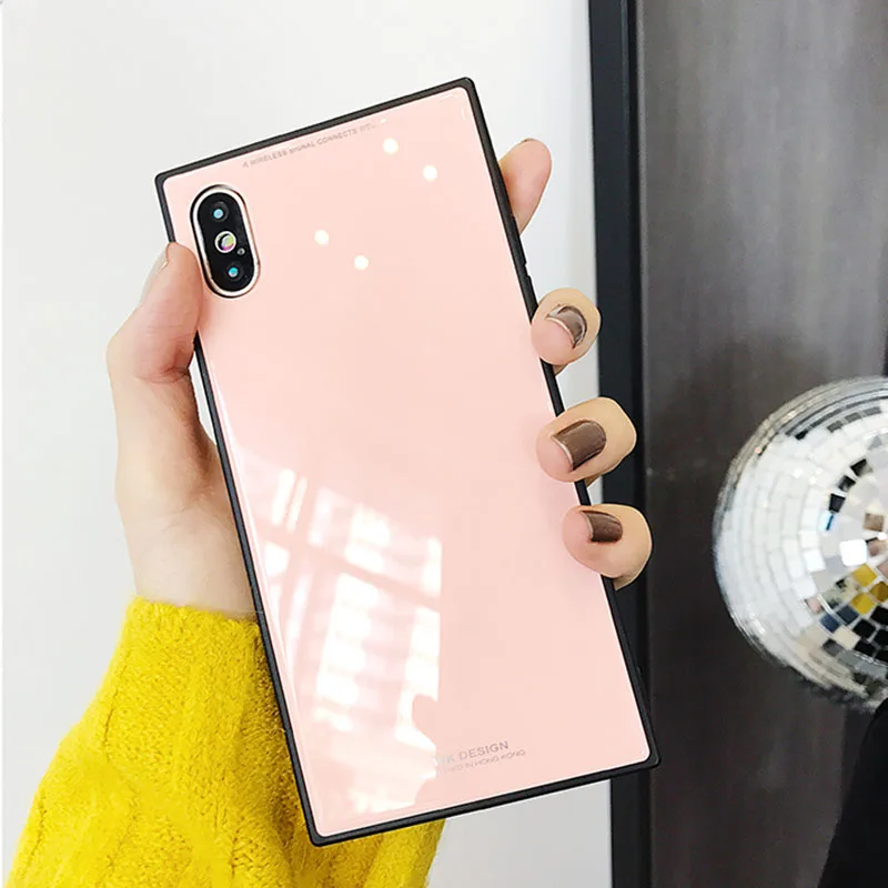 Модное квадратное закаленное стекло чехлы для телефонов для iPhone X XS Max XR 8 7 6 6S Plus полная защита взрывозащищенное Закаленное покрытие - Цвет: Pink