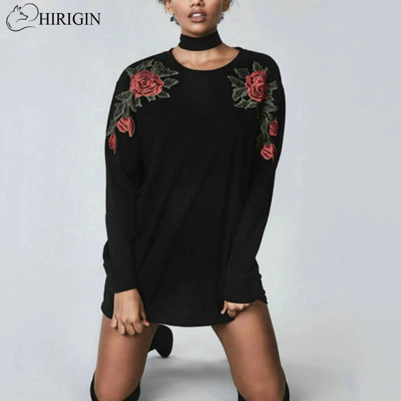 

HIRIGIN Embroidered Roses Longline Sweater Vintage Women Sweaters and Pullovers Autumn Black Long Sleeve Sweater