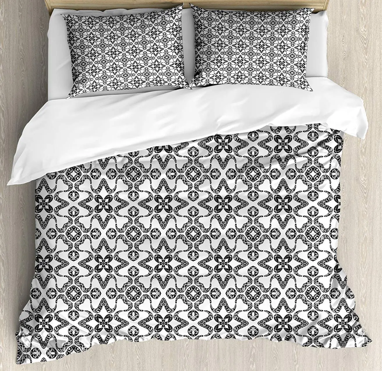 

Black and White Duvet Cover Set, Portuguese Azulejo Tiles Pattern with Monochrome Flowers European Design 3 Piece Bedding Set