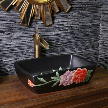 

China Artistic Handmade red flower carving Ceramic wash basin Counter top wash basin art ceramic bathroom sinks rectangle