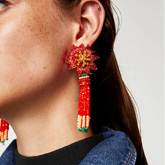 Ethnic Jewelry Handmade Beaded Fringe Statement Earrings Red Flower Ethnic Jewelry Handmade Beaded Fringe Statement Earrings Red Flower Long Tel Bohemian For Women