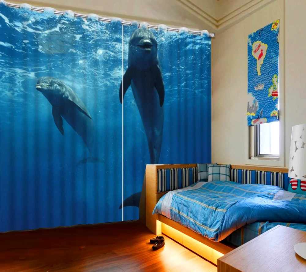 

Pastoral Style Custom ocean dolphin curtains for living room High Quality Customize size Modern 3d window curtain