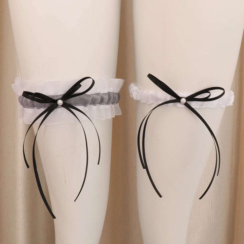 2pcs Elegant Bridal Garter Set Pearls Bow Satin Ribbon Garter Throwaway Toss Keepsake Wedding Accessories