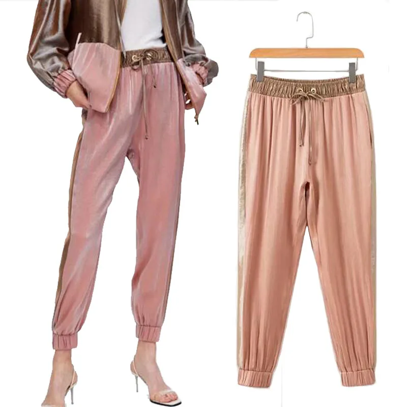 2018 осенние розовые шелковые шаровары с высокой талией для бега трусцой женские