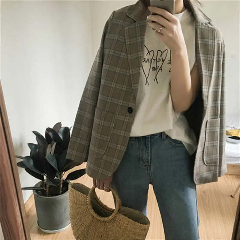 

Hzirip 2018 New Striped Cotton Women's Long Sleeve Casual Blazers Coat Loose Office Lady Single Button Plaid Fashion Tops Suit